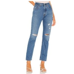 High-Rise Distressed Straight Leg Jeans - Blue